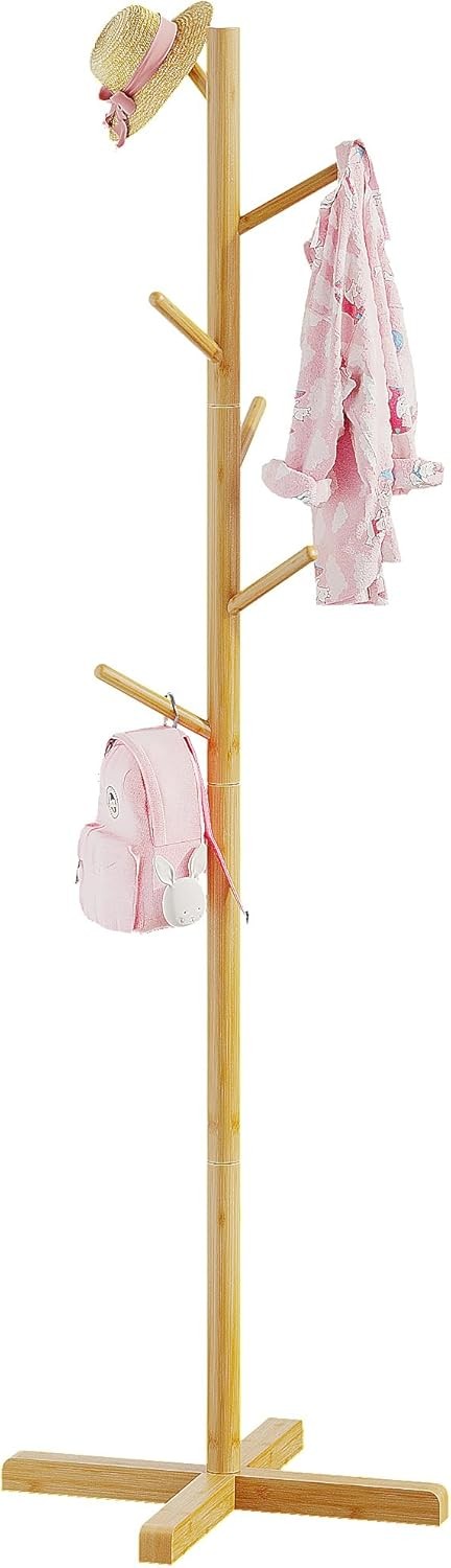Freestanding Wooden Coat Rack 9 Hooks Adjustable Height 2 Tier Hall Stand