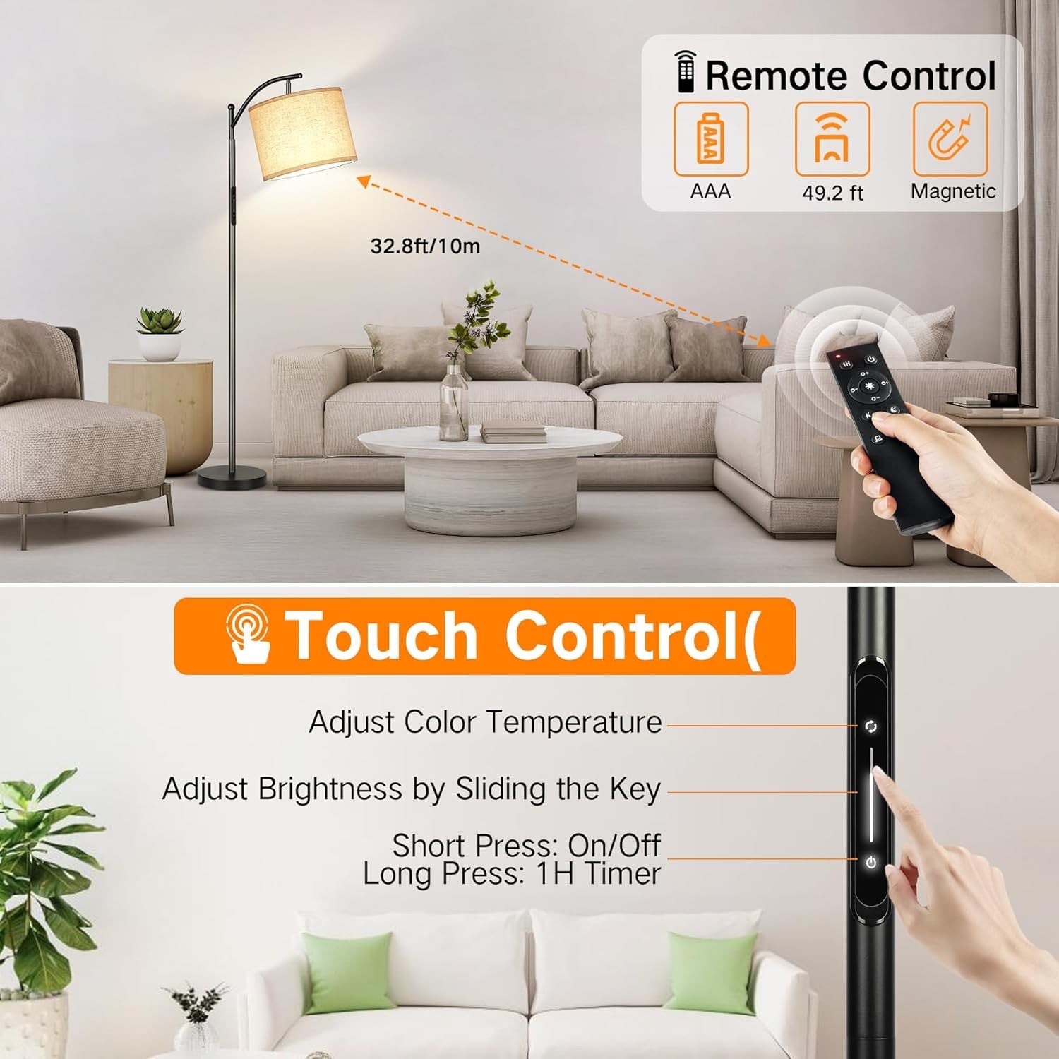 Dimmable Floor Lamp Remote App Touch Control LED Standing Light Black