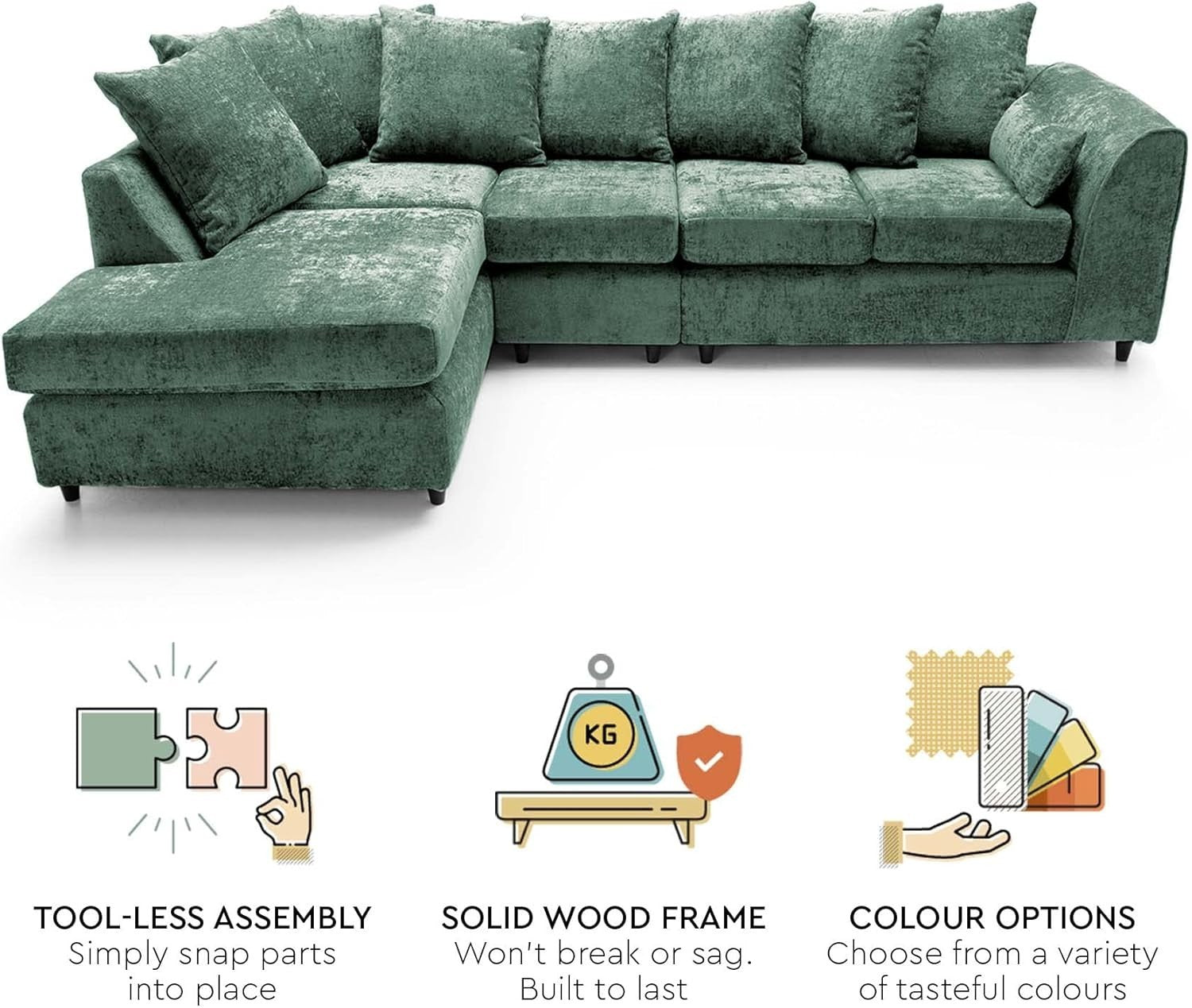 Large Green Chenille Corner Sofa – Modern L Shape 5 Seater Couch w/ Covers