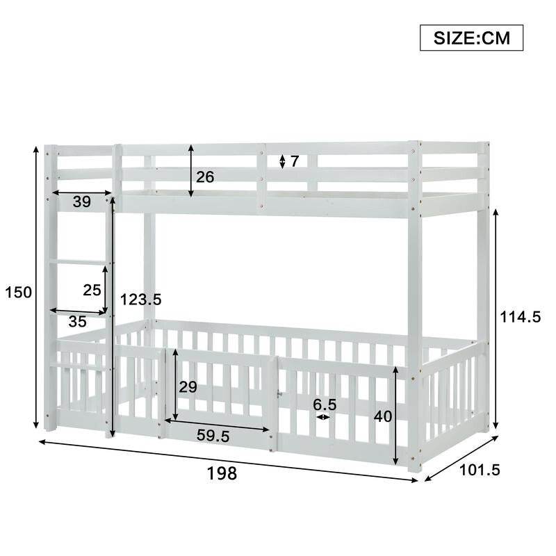 3FT White Kids Bunk Bed with Fence Door Solid Wood Frame Safety Ladder Playzone