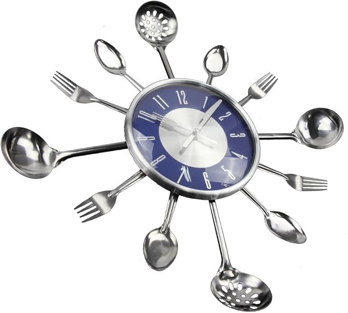 18" Cutlery Wall Clock Blue Modern Kitchen Spoon Fork Silent 45cm Decor