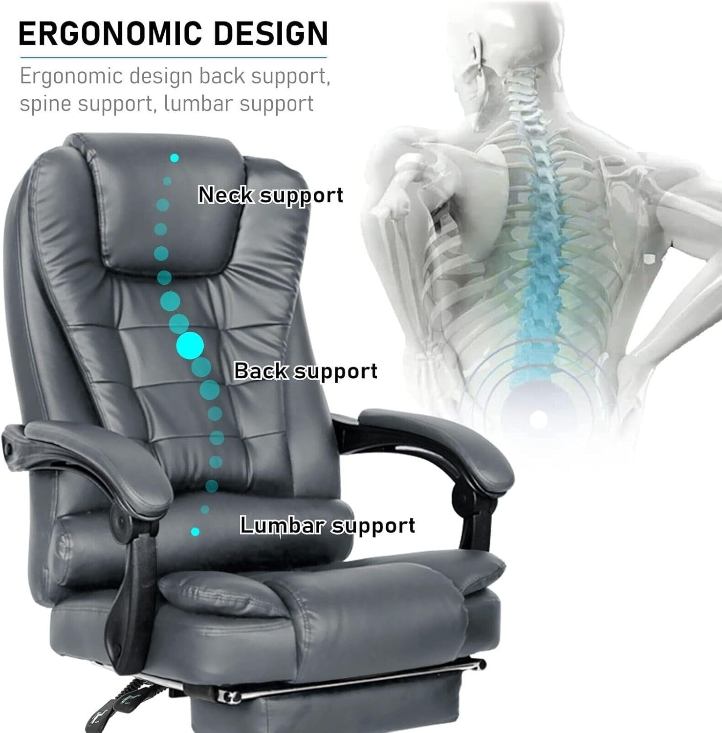 Executive Office Chair Massage Grey Faux Leather Adjustable Swivel Gaming Seat