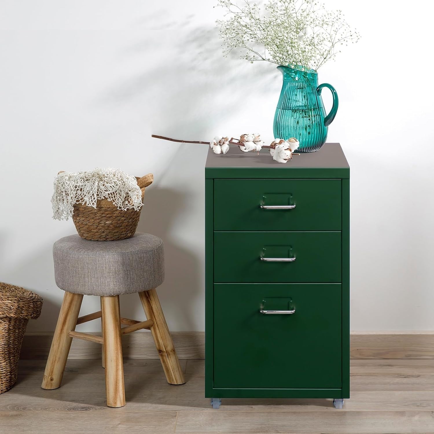 Dark Green Metal Rolling Drawer Cabinet 3 Tier Under Desk Storage