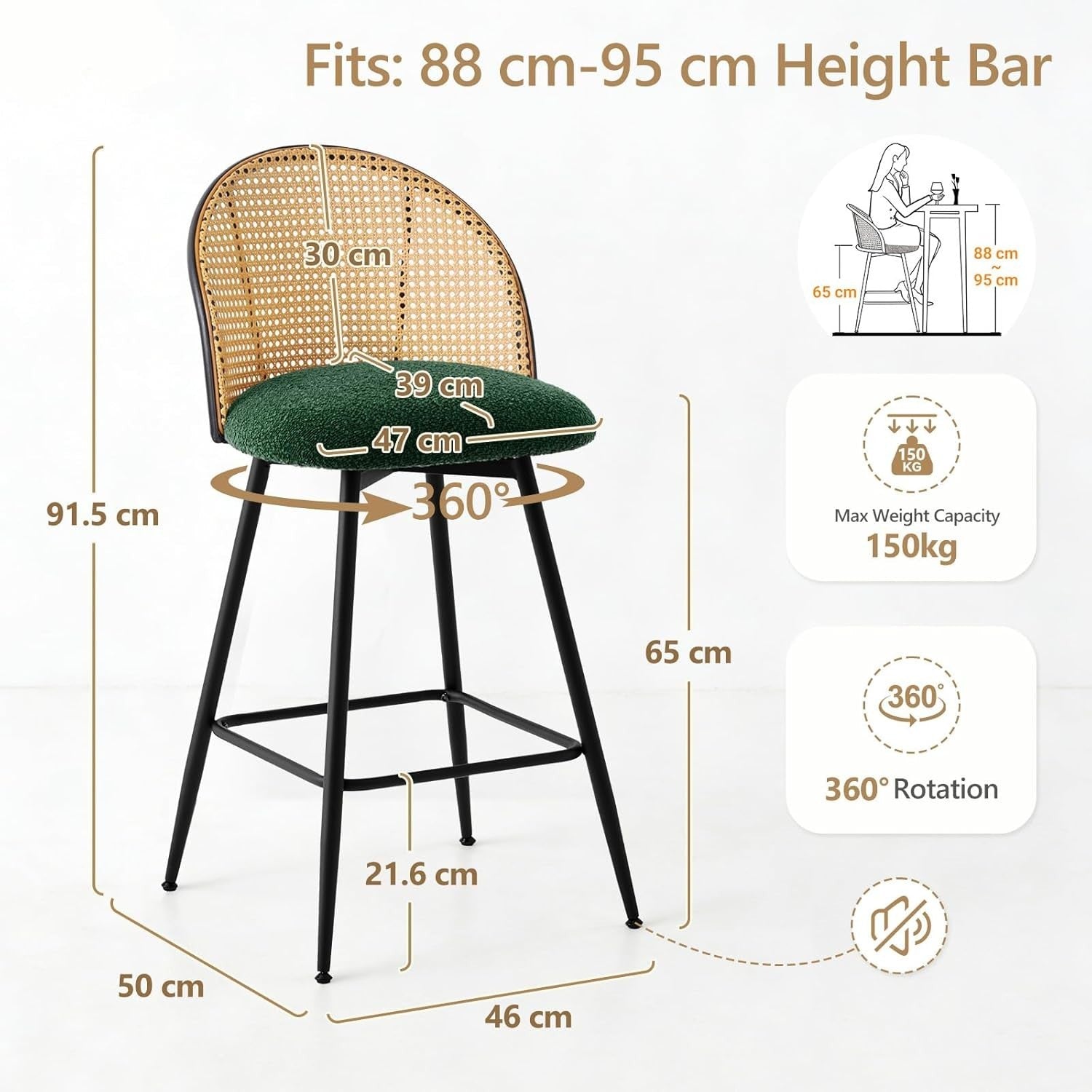 360° Swivel Counter Stools Set of 2 Rattan Upholstered Kitchen Island Seats