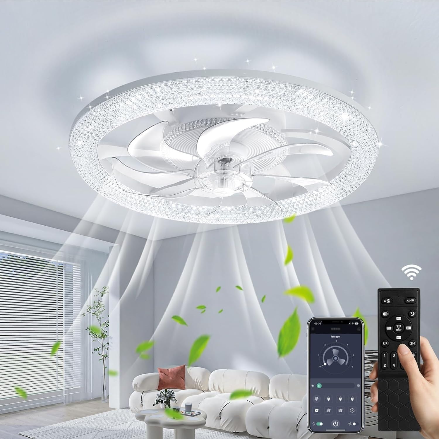 Ankishi 48CM Ceiling Light Fan, 70W, 6-Speed, Remote, 3-Color LED
