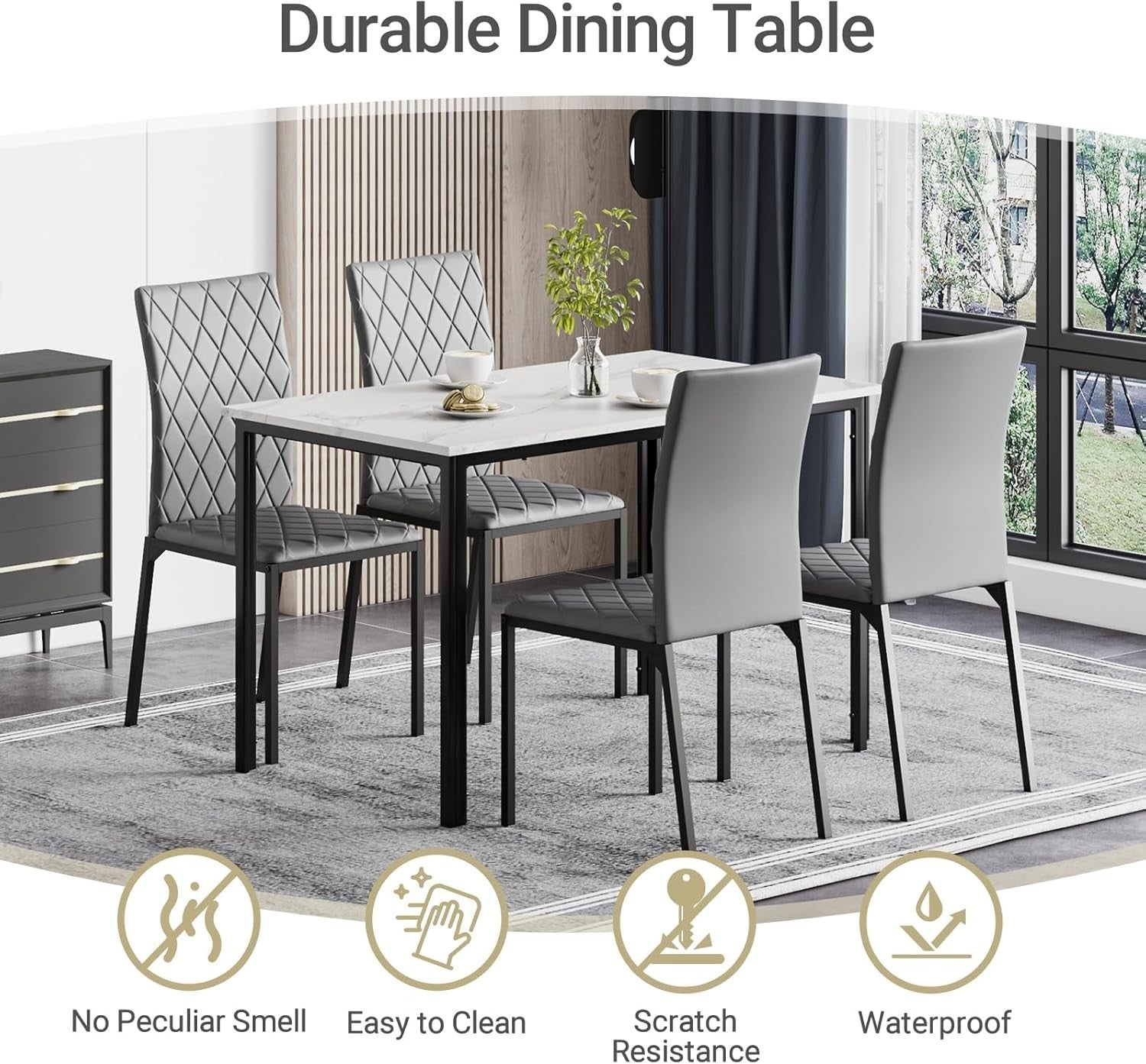 Modern Marble Dining Table Set 4 PU Leather Chairs Grey Kitchen Furniture