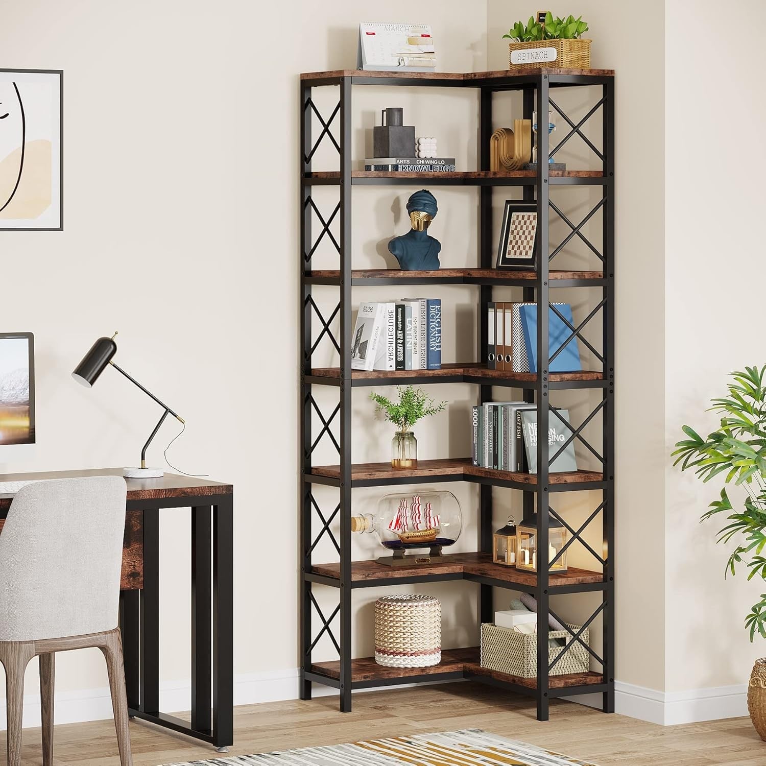 Tall 7-Tier Corner Bookshelf | 200cm Rustic Wood & Metal Display Storage Unit
