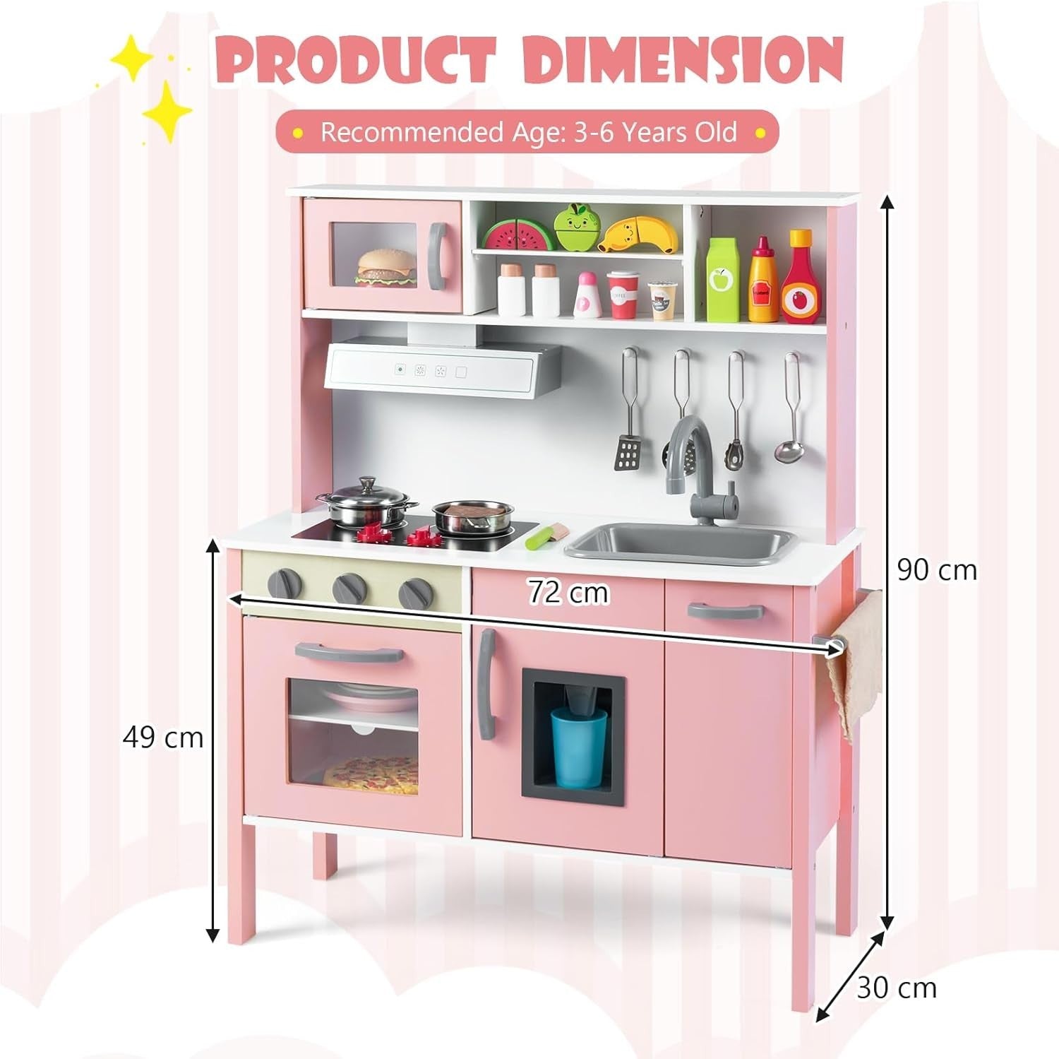 Wooden Kids Play Kitchen Light Pink Toy Set Oven Microwave Sound