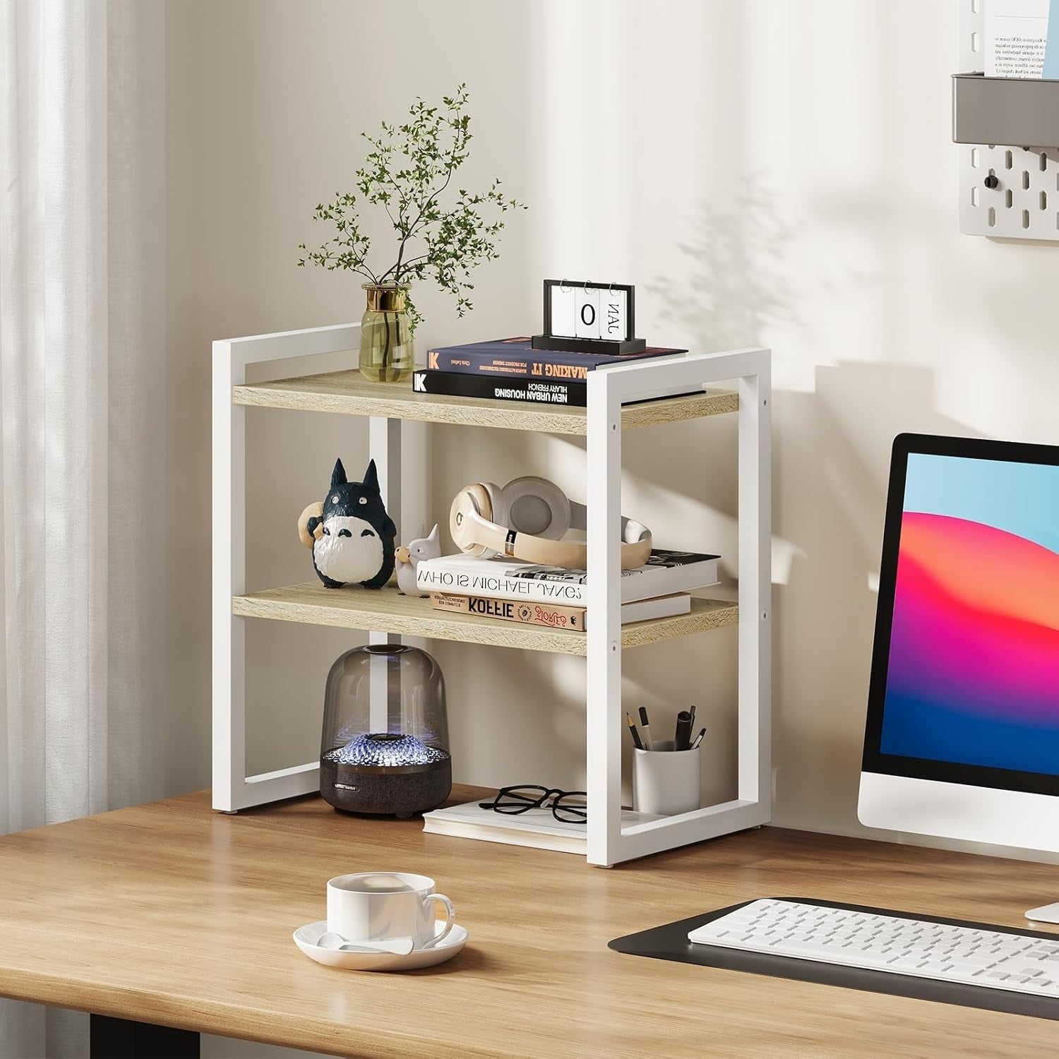 2-Tier White & Natural Desk Shelf Desktop Bookshelf Organizer for Office & Home