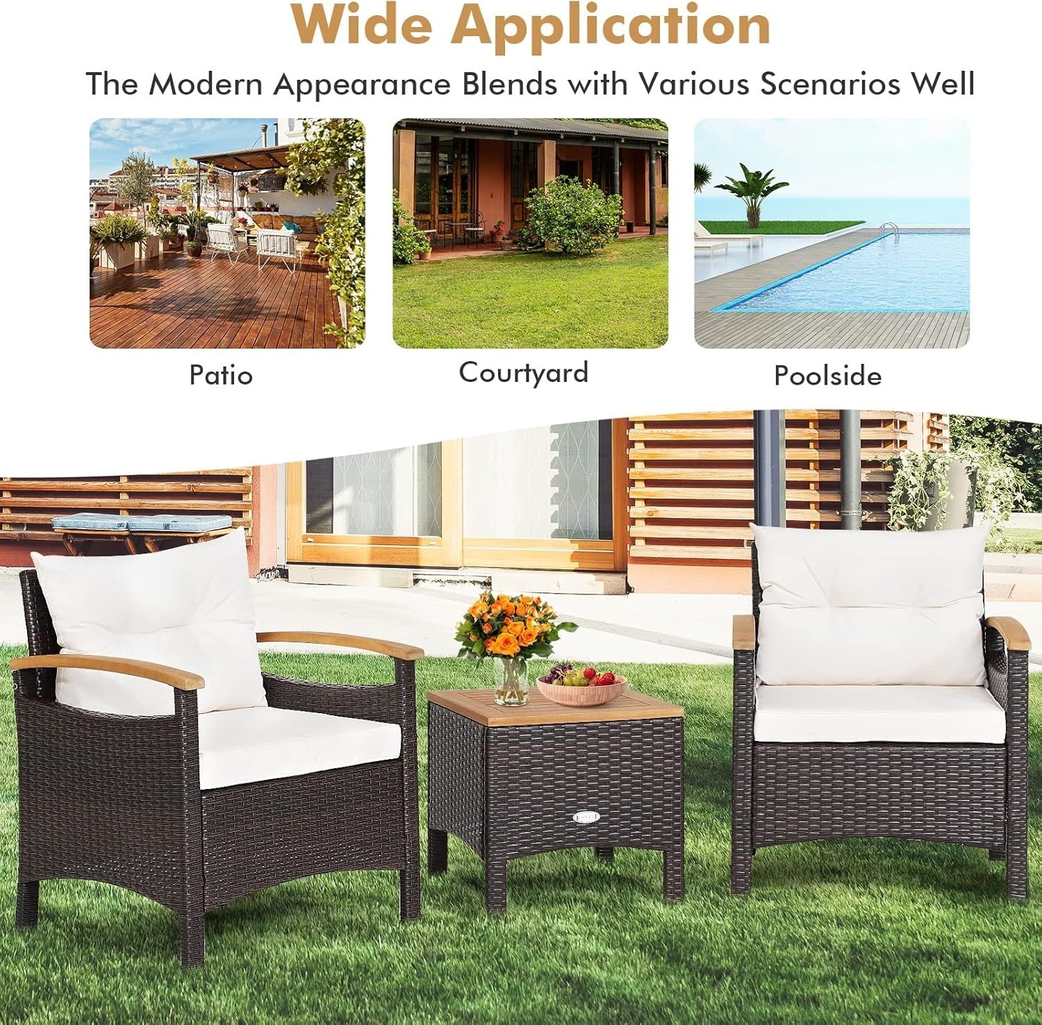 3-Piece Outdoor Rattan Sofa Set with Cushions & Acacia Wood Table Patio Garden