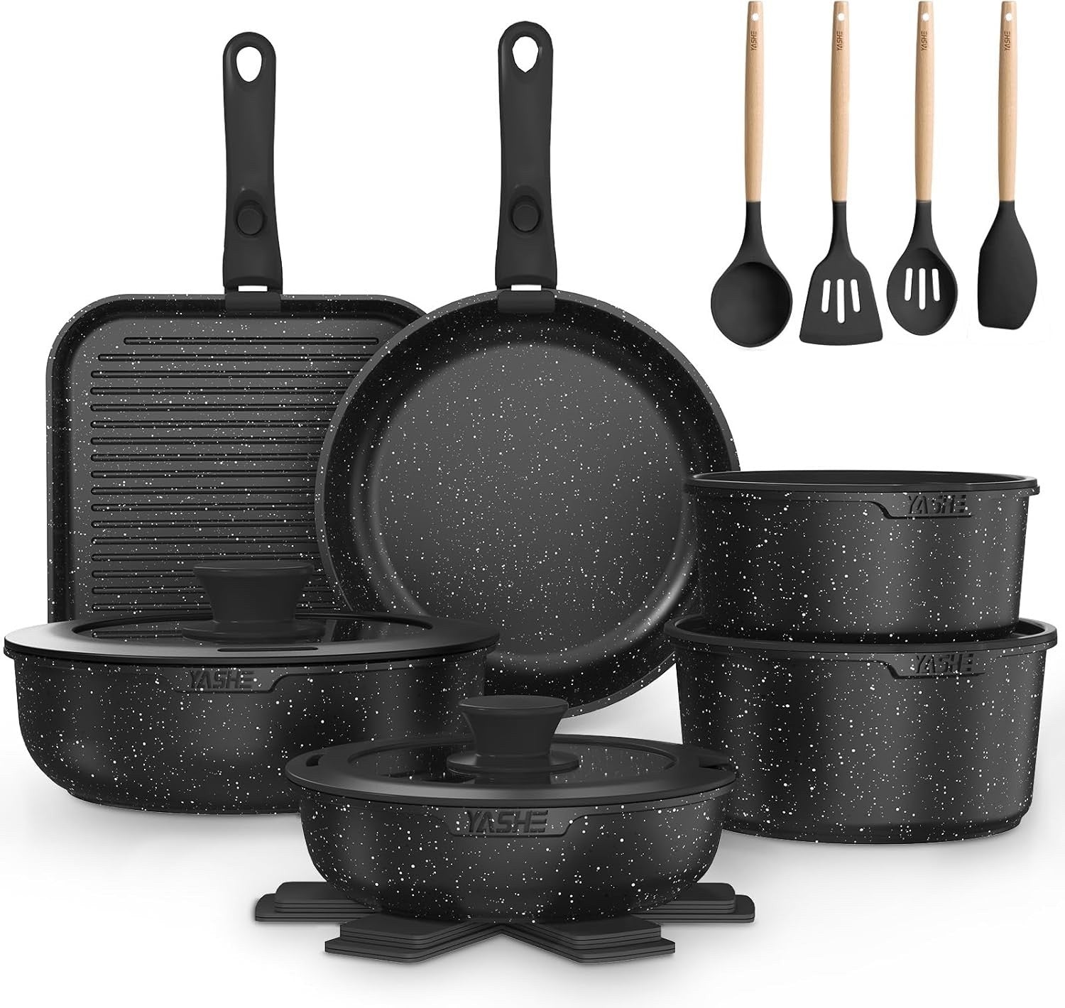 21pcs Grey Non Stick Cookware Set with Removable Handles – Induction, Oven Safe