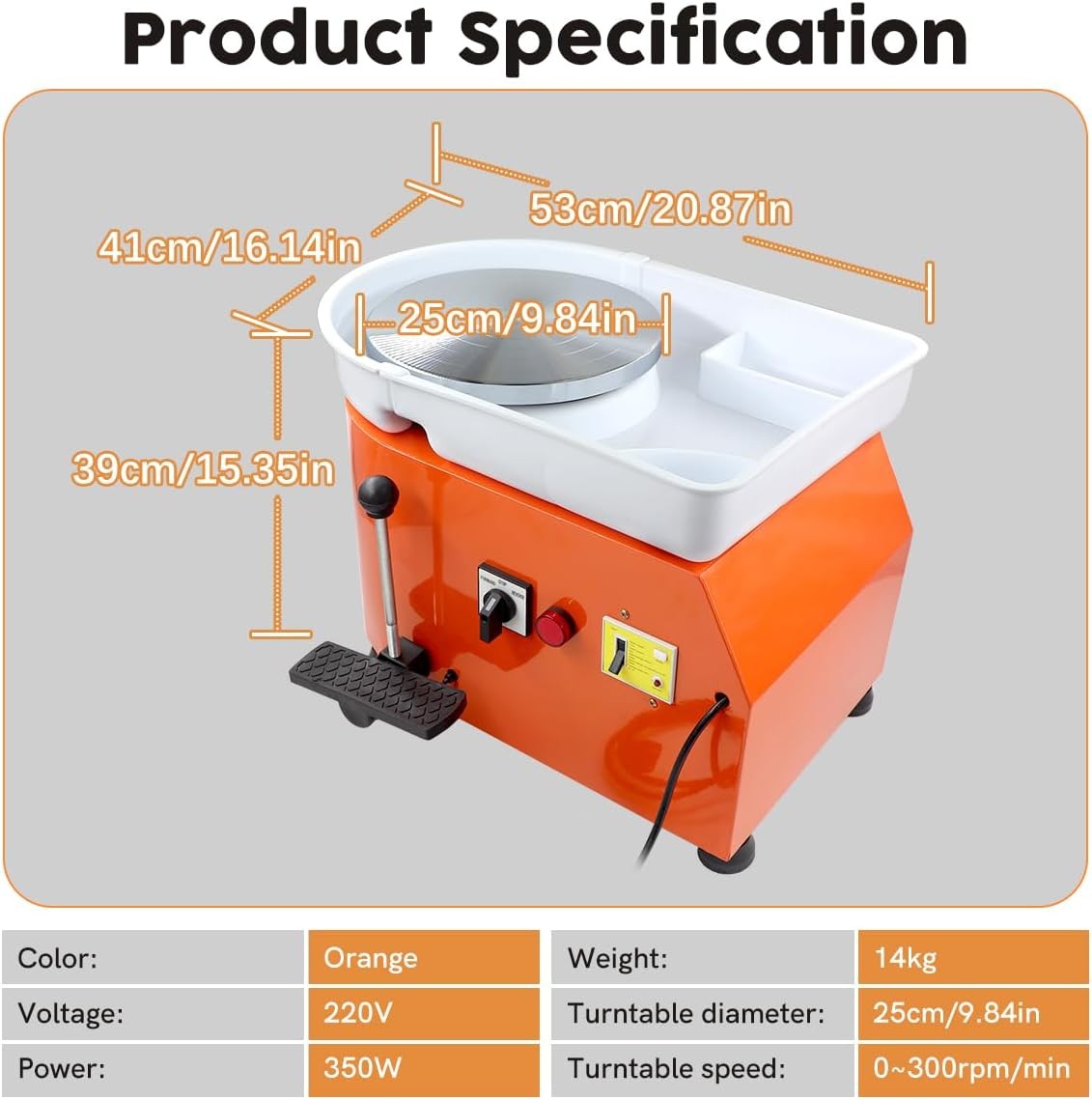 350W Electric Pottery Wheel 25cm Adjustable Speed Pedal DIY Clay
