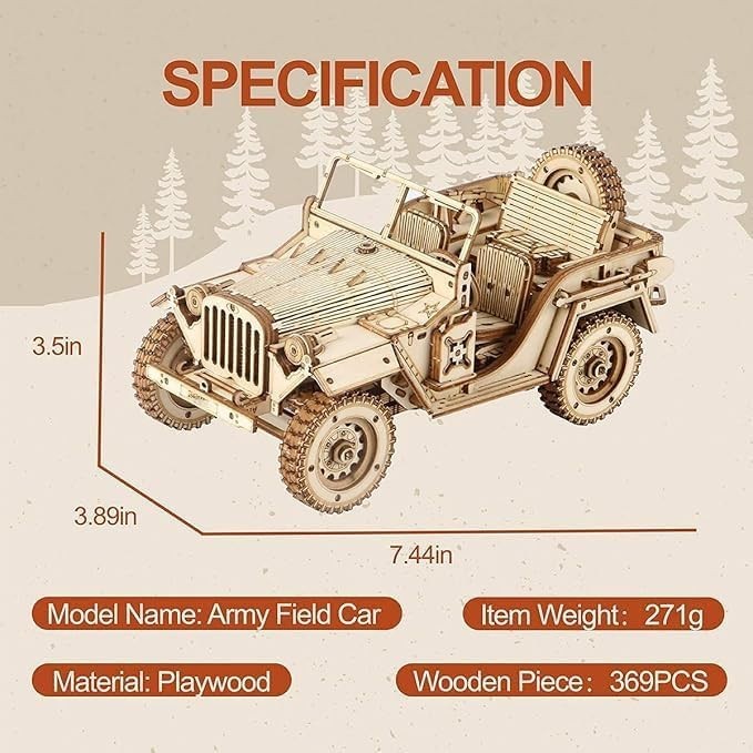 3D Wooden Jeep Puzzle Model Kit for Adults – Laser Cut, Military Design