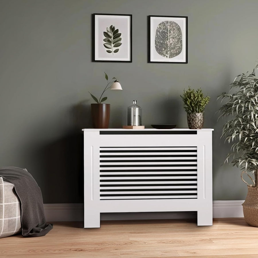 White Radiator Cover 90cm High MDF Horizontal Slats Modern Heater Cabinet