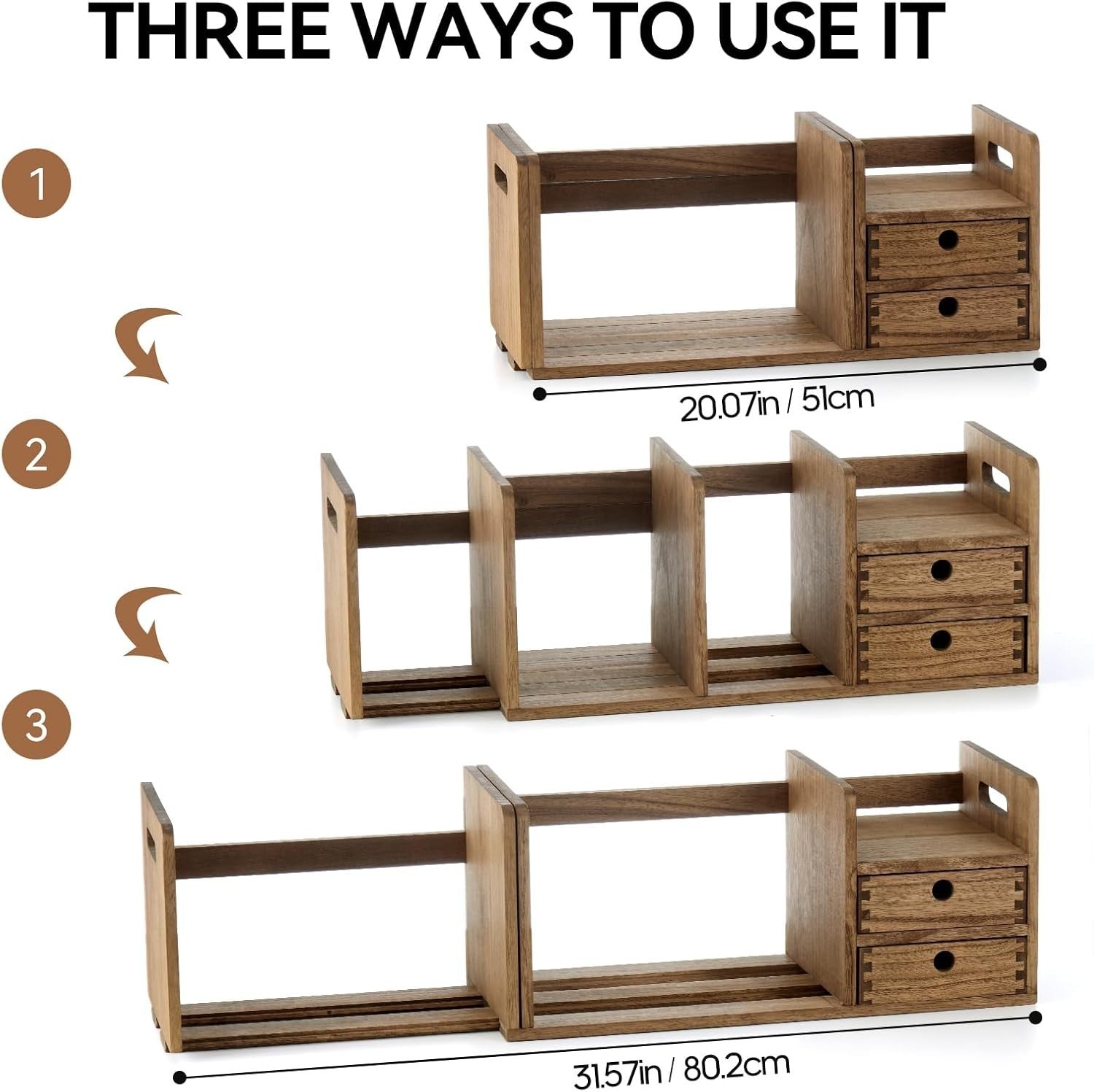Expandable Wooden Desktop Bookshelf with Drawers – Adjustable Organiser