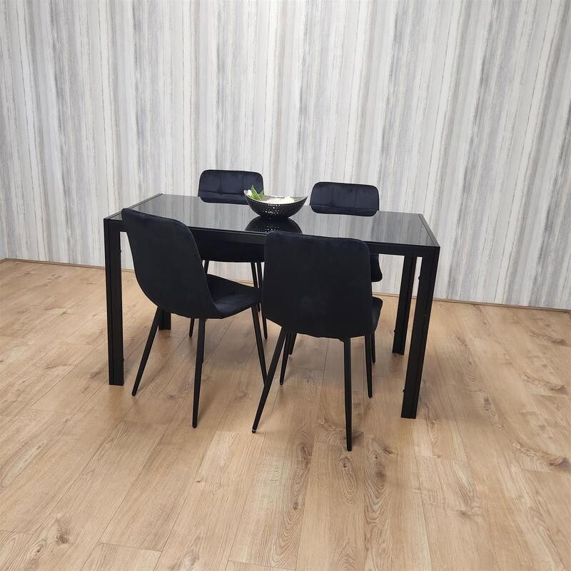 Black Glass Dining Table Set with 4 Chairs Modern Kitchen Dining Room