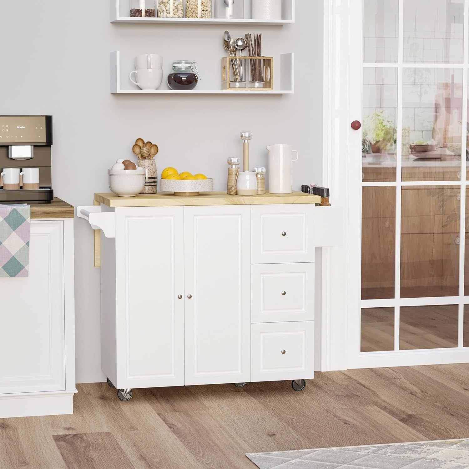 White Drop-Leaf Kitchen Island on Wheels with Drawers & Tiered Storage