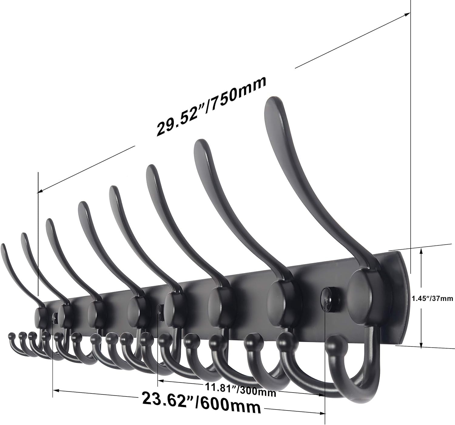 75cm Wall Mounted Coat Rack with 8 Hooks | Heavy Duty Metal Hook Rail Black