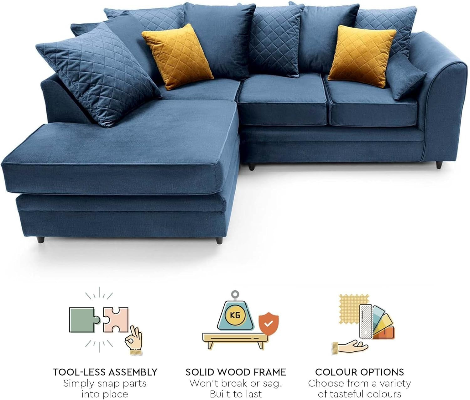 L-Shaped 3 Seater Corner Sofa Velvet Fabric Water-Repellent Dark Blue