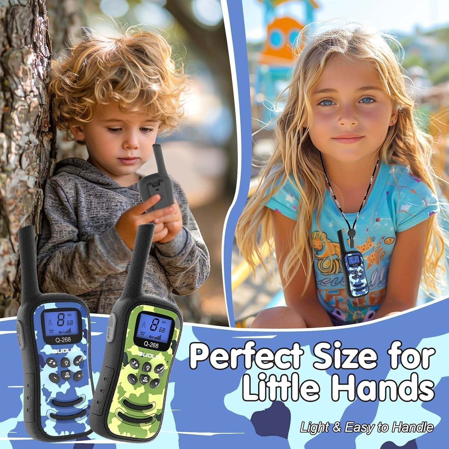 Kids Rechargeable Walkie Talkies 2 Pack Long Range VOX Flashlight Camo