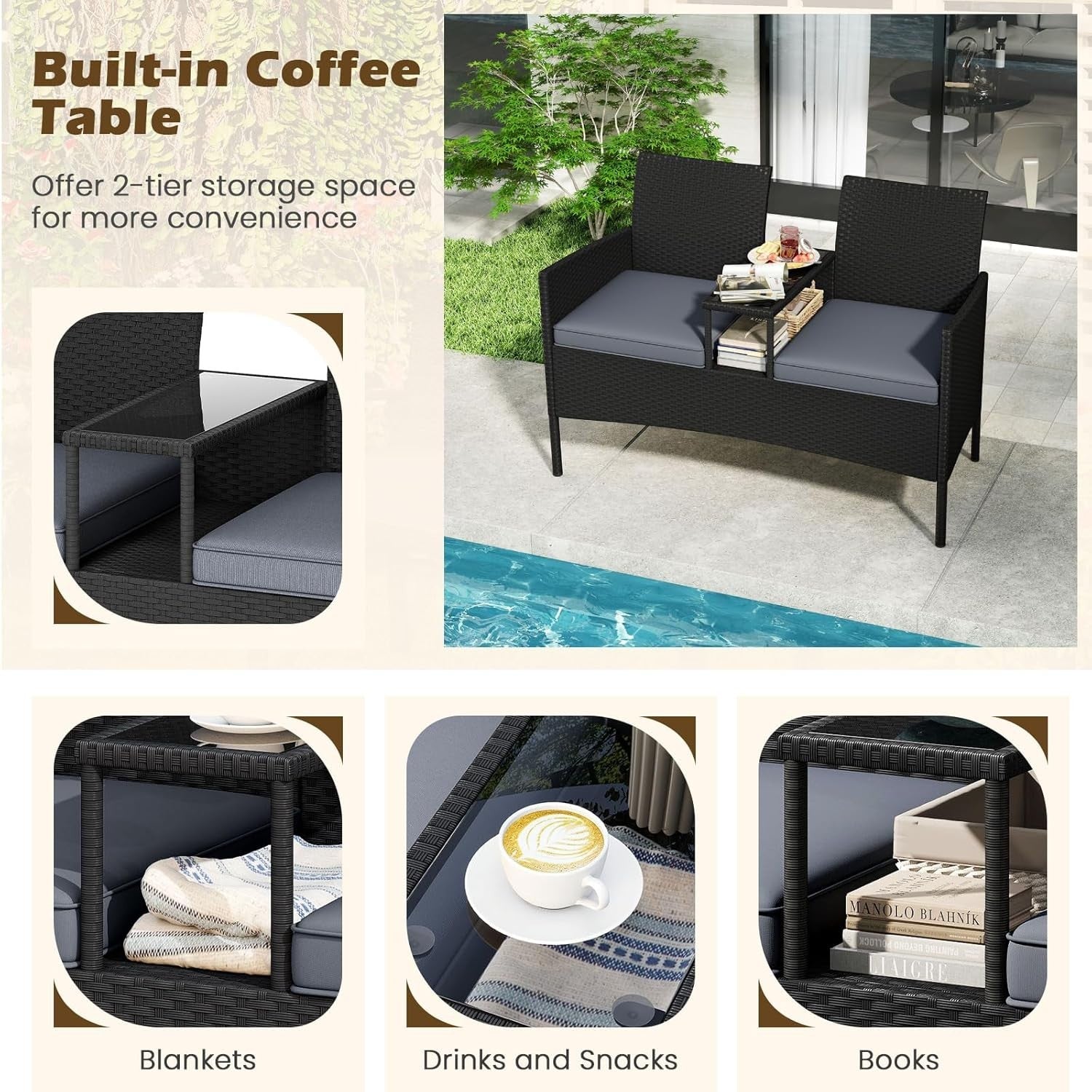 Outdoor Rattan 2 Seater Love Seat with Glass Table Garden Patio Sofa Grey