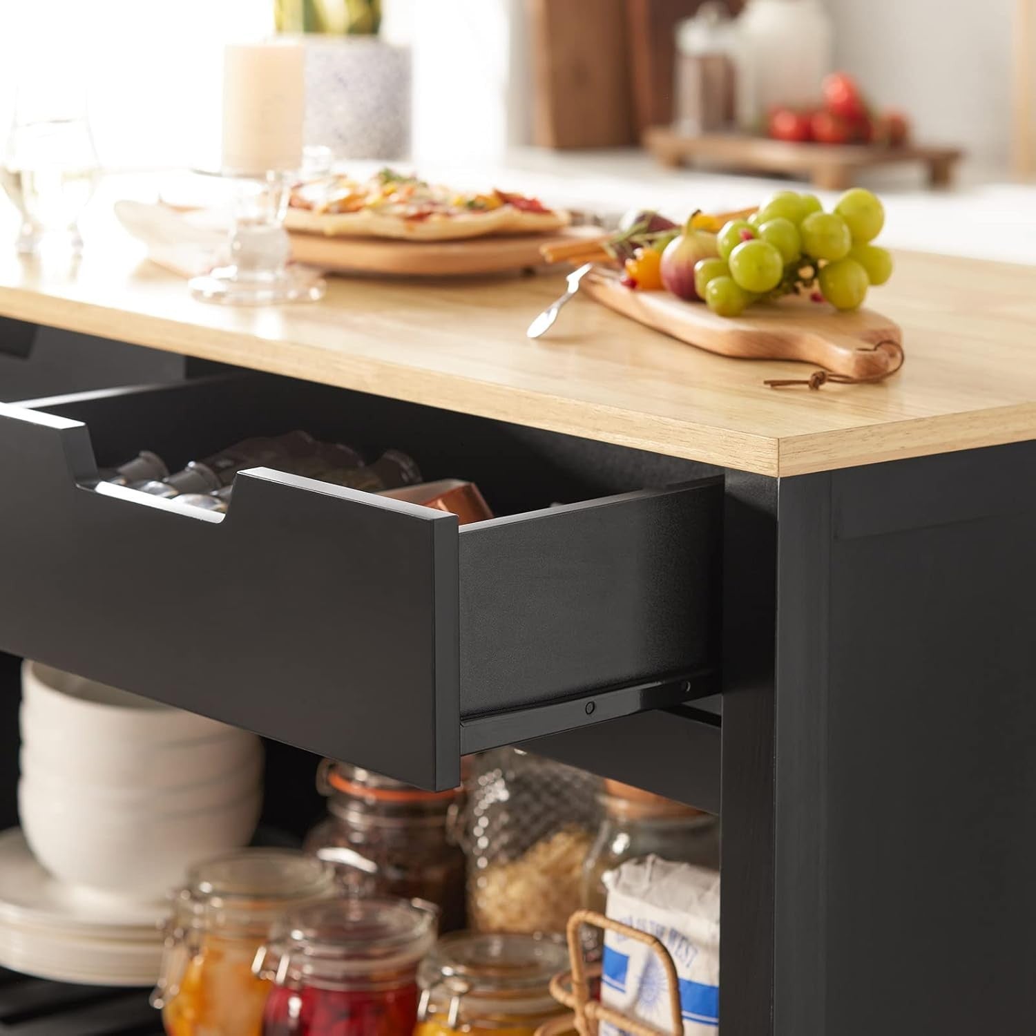 Kitchen Storage Trolley Island with Wooden Worktop Drawers Shelves Wheels