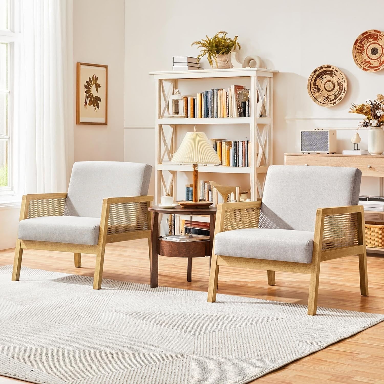 Set of 2 Linen Fabric Accent Armchairs Modern Indoor Chairs with Cane Sides