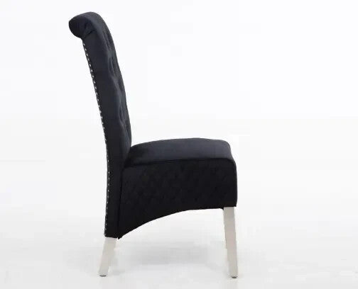 Pair Black Velvet Dining Chairs Lion Knocker Chrome Legs Quilted Back