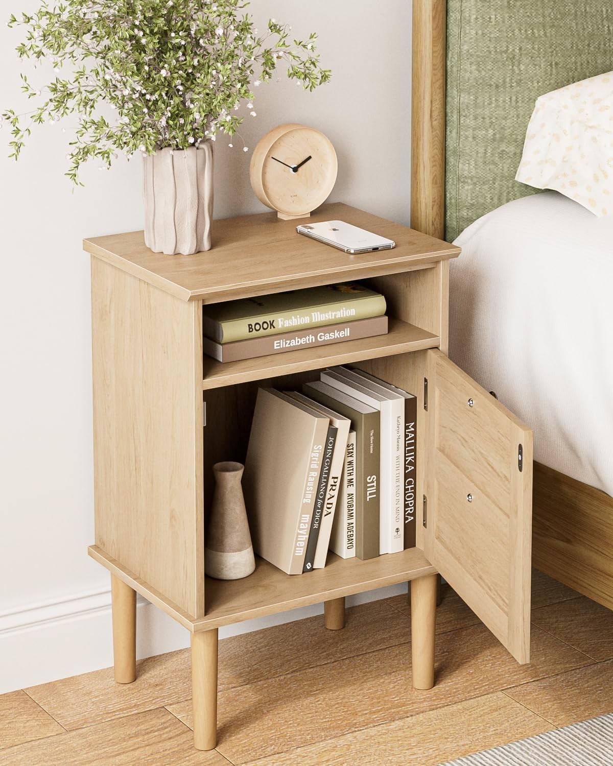 Wooden Bedside Table with Door & Open Shelf | Natural Oak Finish Nightstand