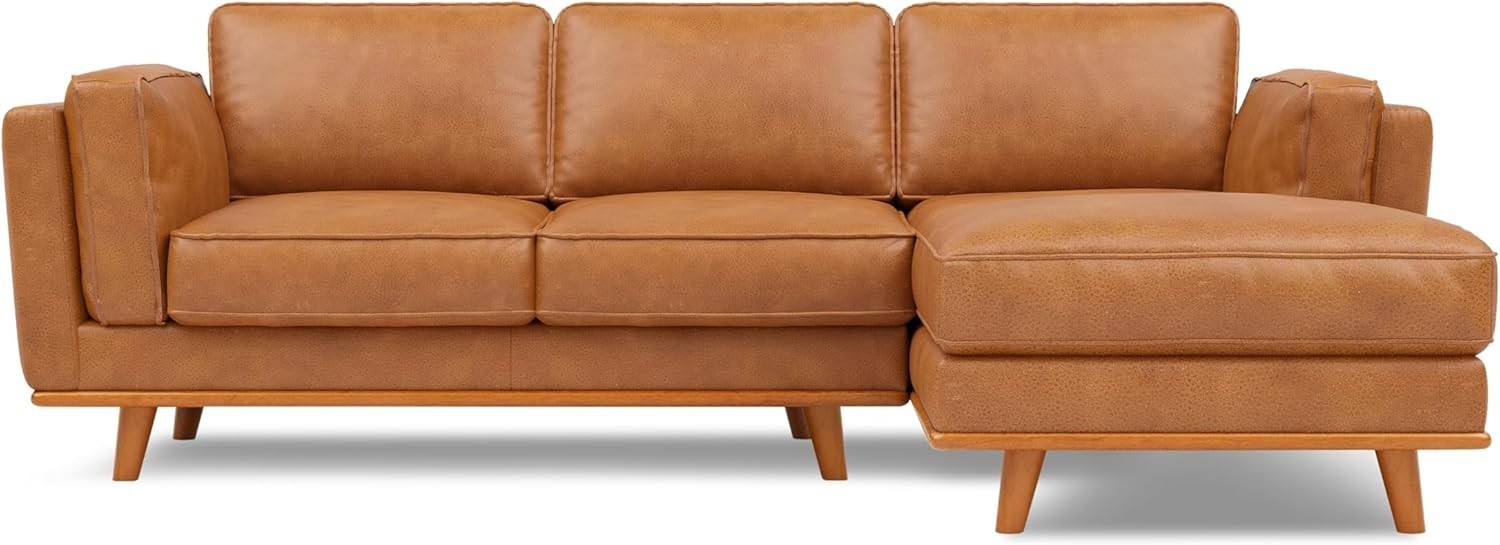 Italian Leather Sectional Sofa Chaise - Solid Wood - Modern Cognac Couch