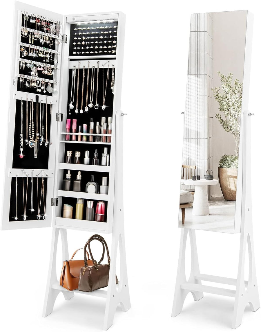 LED Lighted Mirror Jewelry Cabinet Lockable Freestanding Storage Armoire