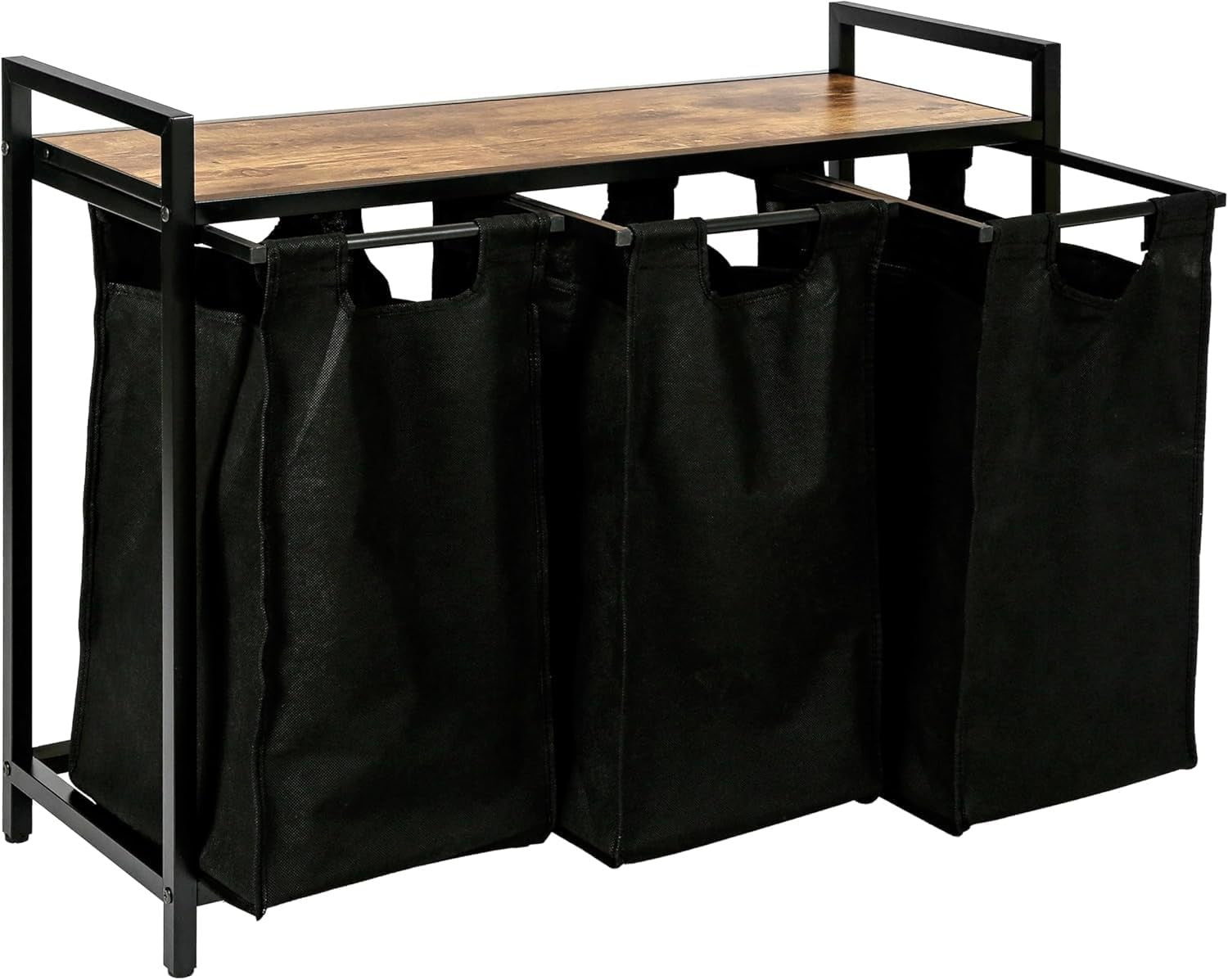 3 Compartment Rolling Laundry Sorter with Shelves Rustic Wood Metal Removable