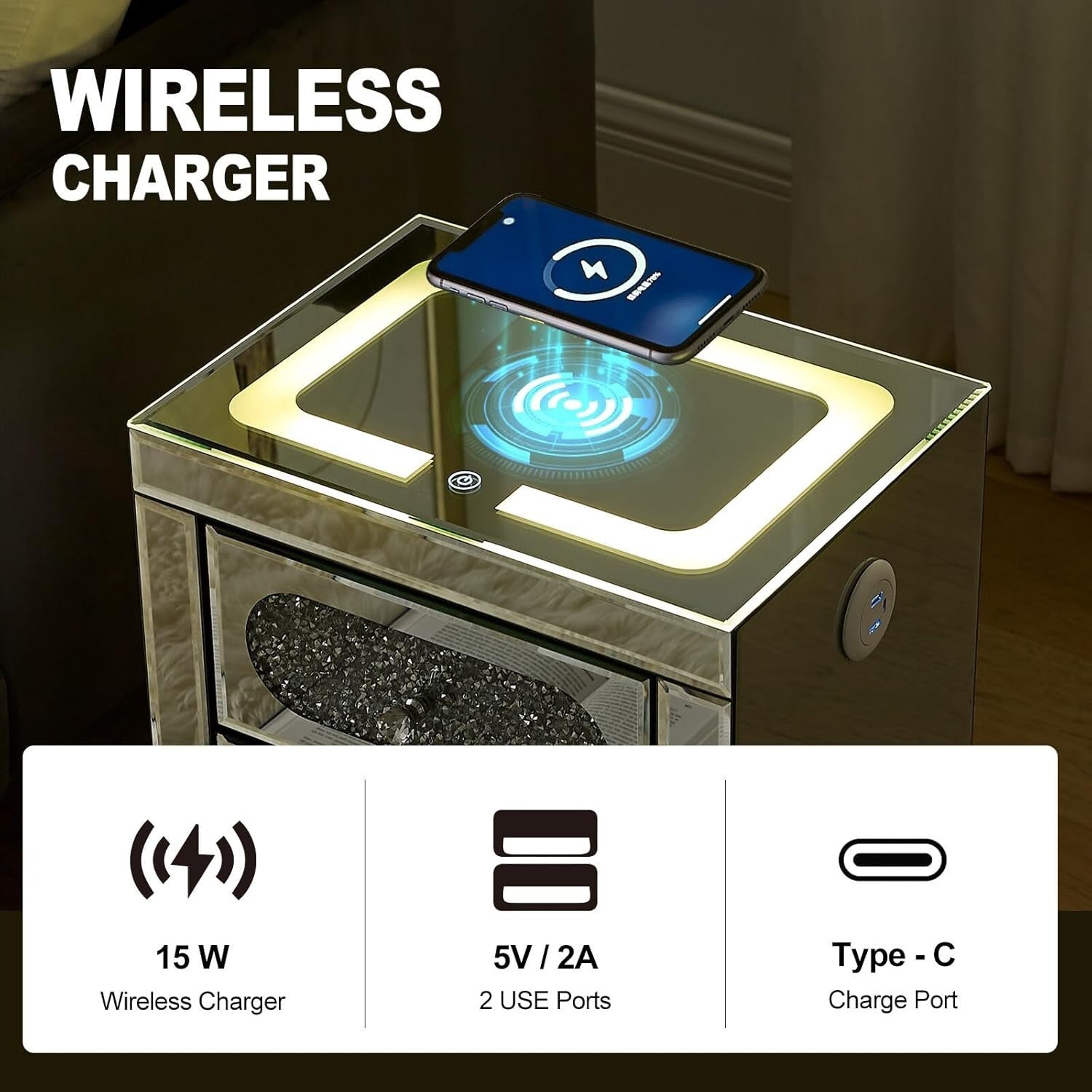 Silver Mirrored LED Bedside Table with Wireless USB Charging – 3 Drawer