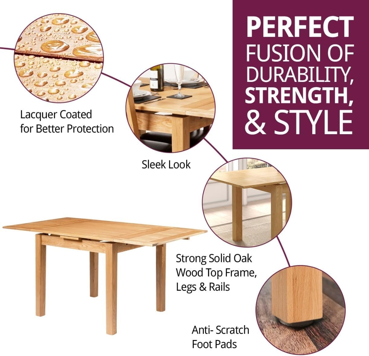 Small Extendable Oak Dining Table Rectangular Folding Space-Saving Modern
