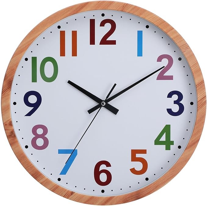 Large Colour Number Wall Clock Wood Grain Silent Non-Ticking Modern Home Decor