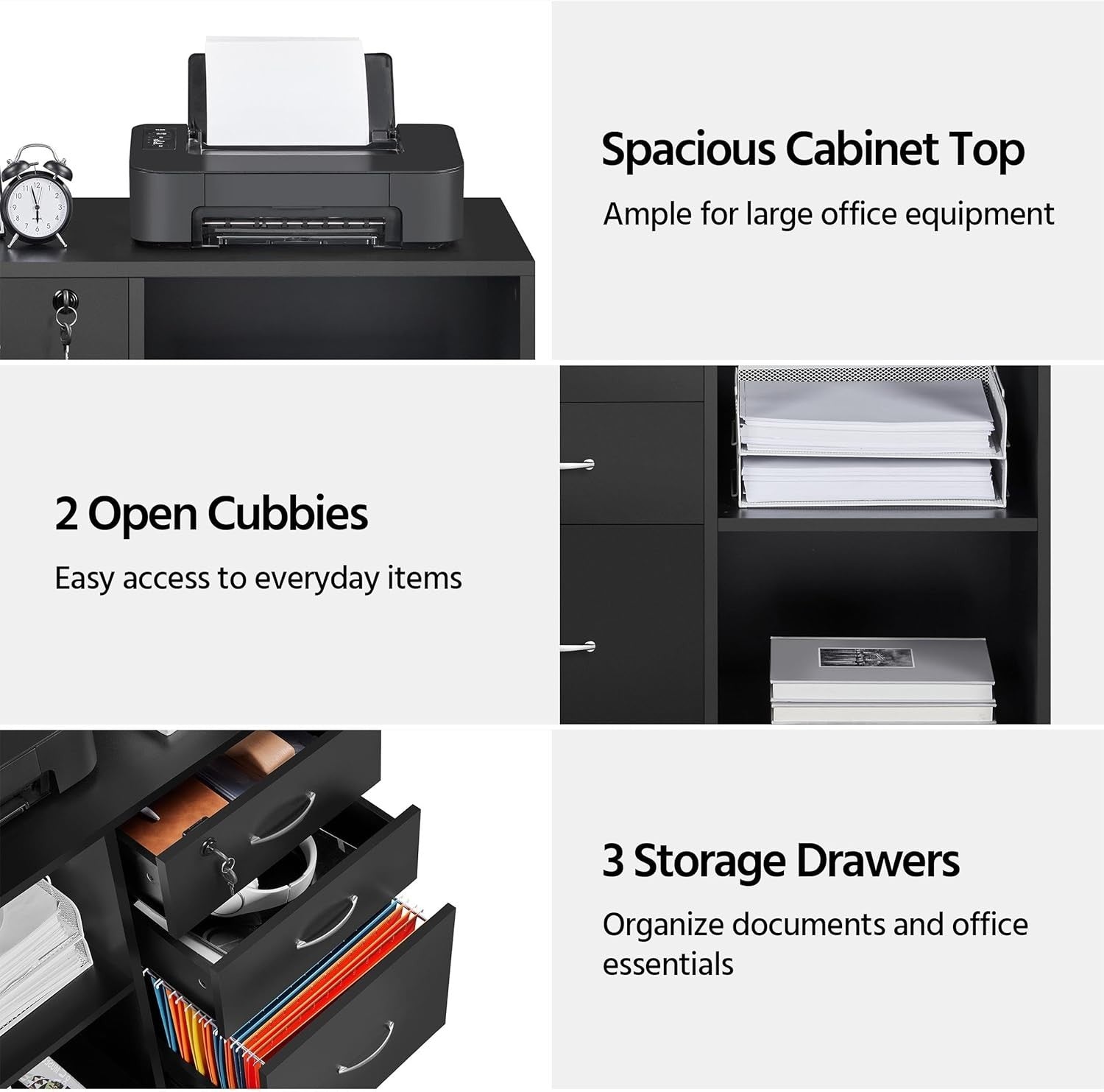 Black Mobile Filing Cabinet with 3 Drawers and Shelves Office Storage Unit