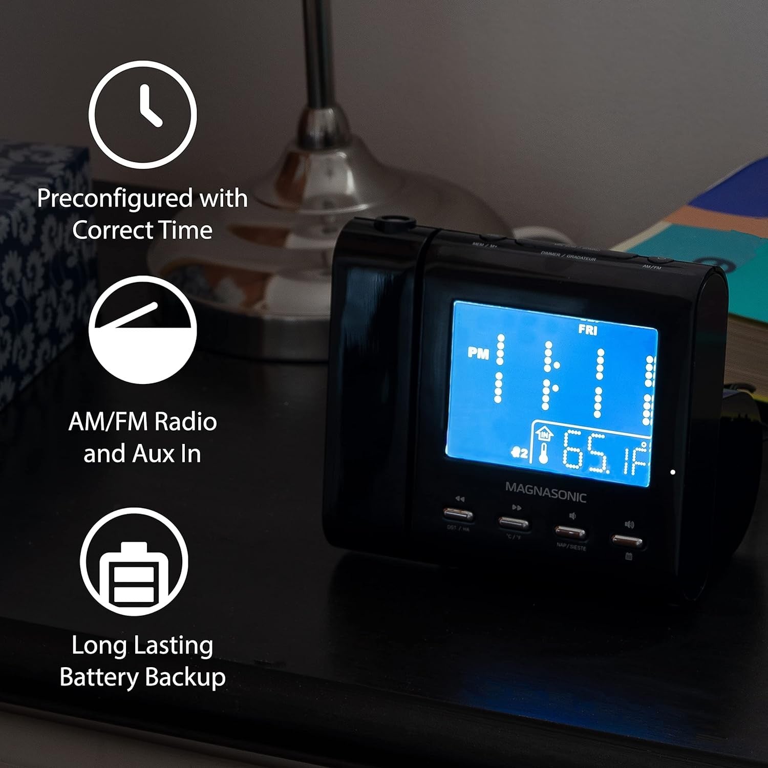 Projection Alarm Clock AM FM Radio Portable Temperature Display Dual Alarm