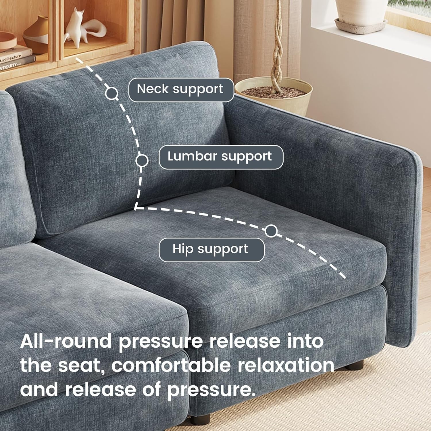 Modern 2 Seater Sofa Blue-Grey Deep Cushions 305CM Ergonomic Couch