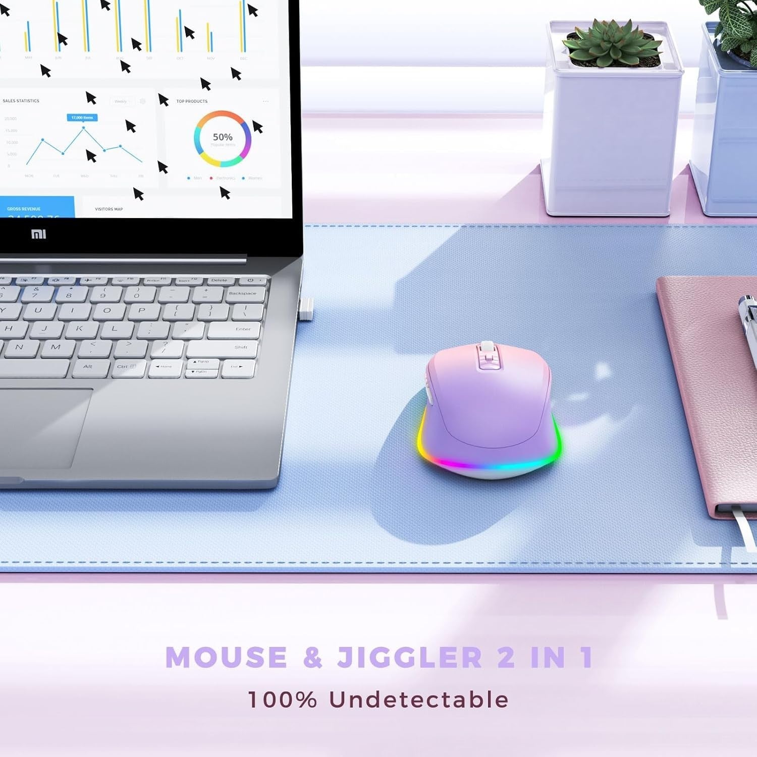 RGB Wireless Mouse Rechargeable Silent USB Jiggler Pink Purple