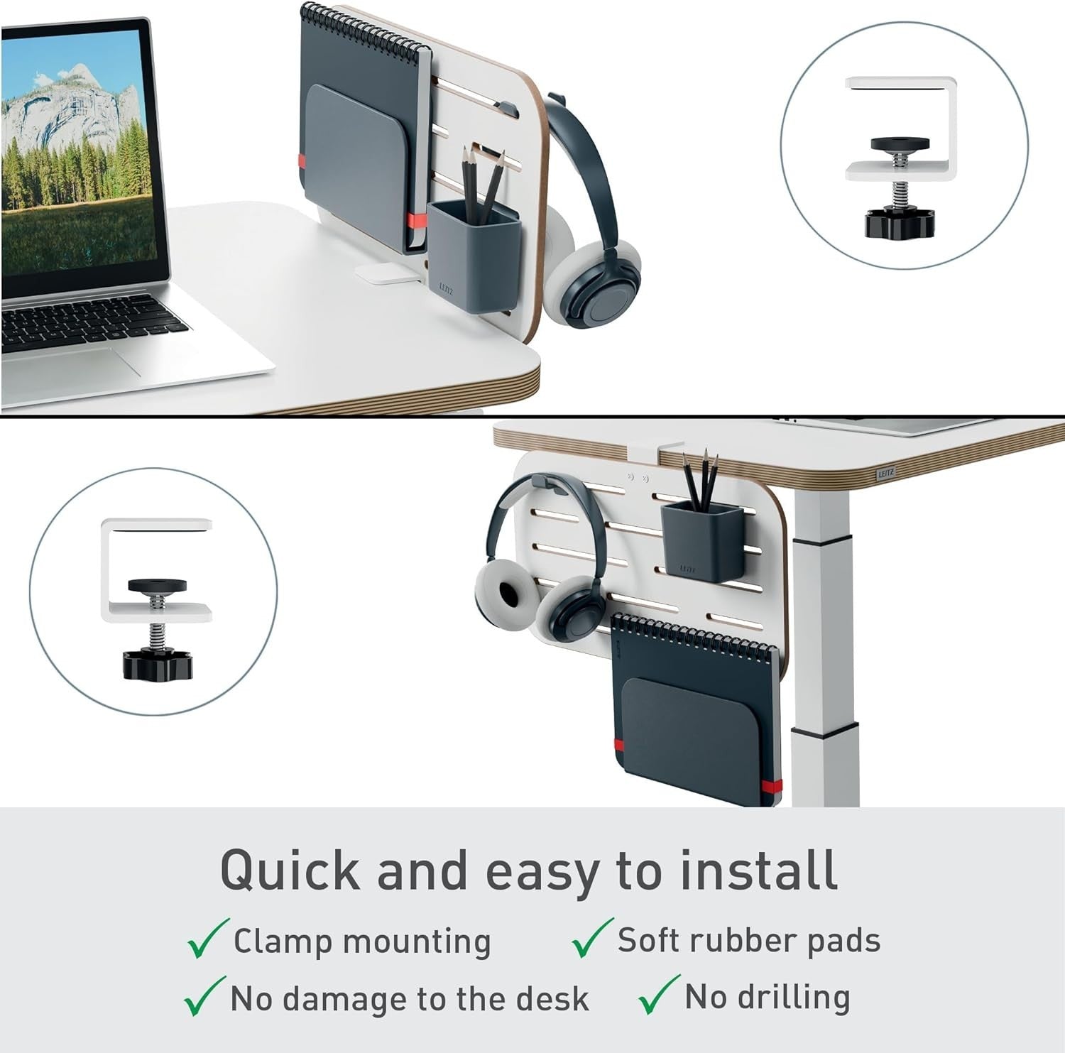 Small Pegboard Desk Organiser with Accessories Clamp Mount White 42x25cm