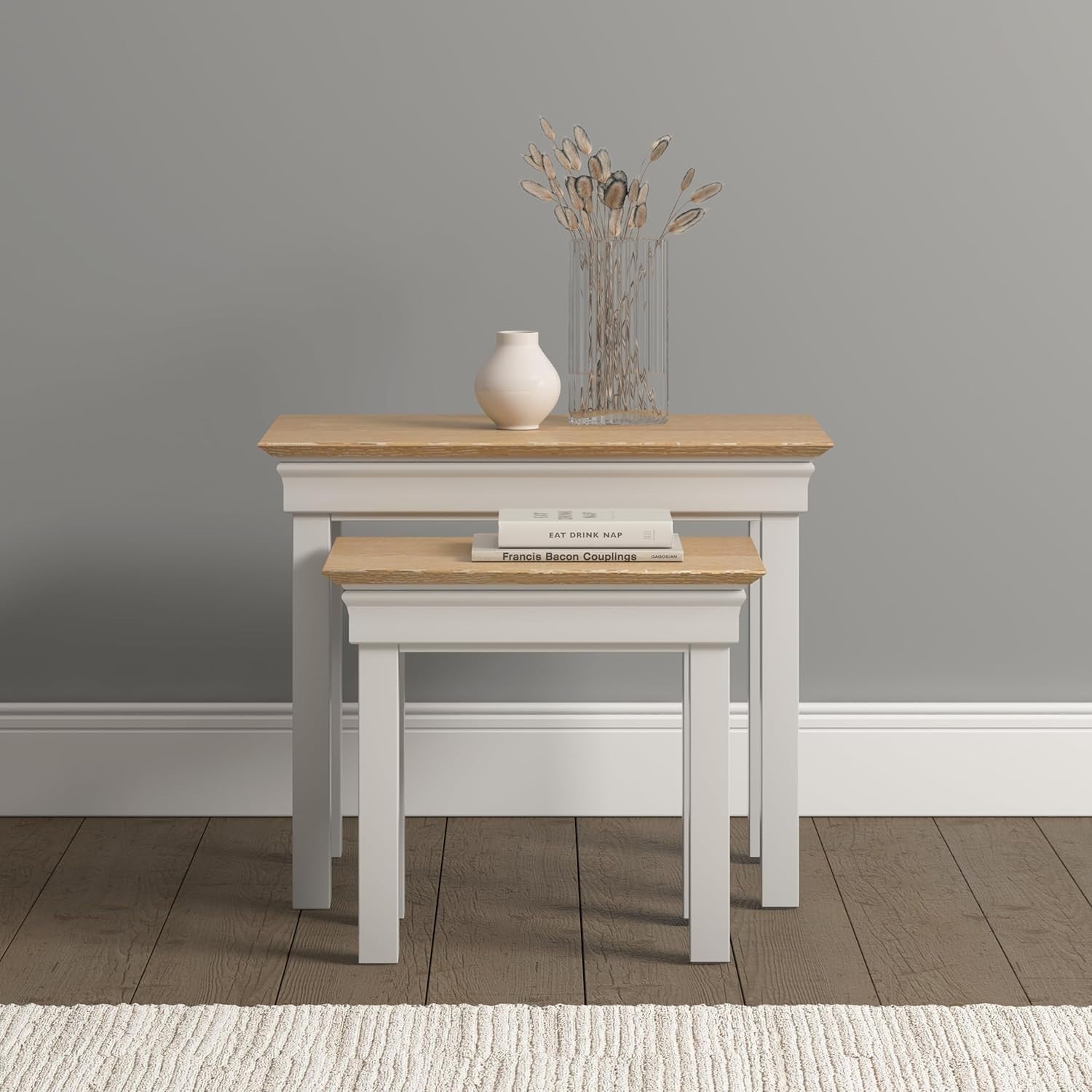 Space Saving Nest of 2 End Tables Ivory Oak Classic Modern Side Coffee