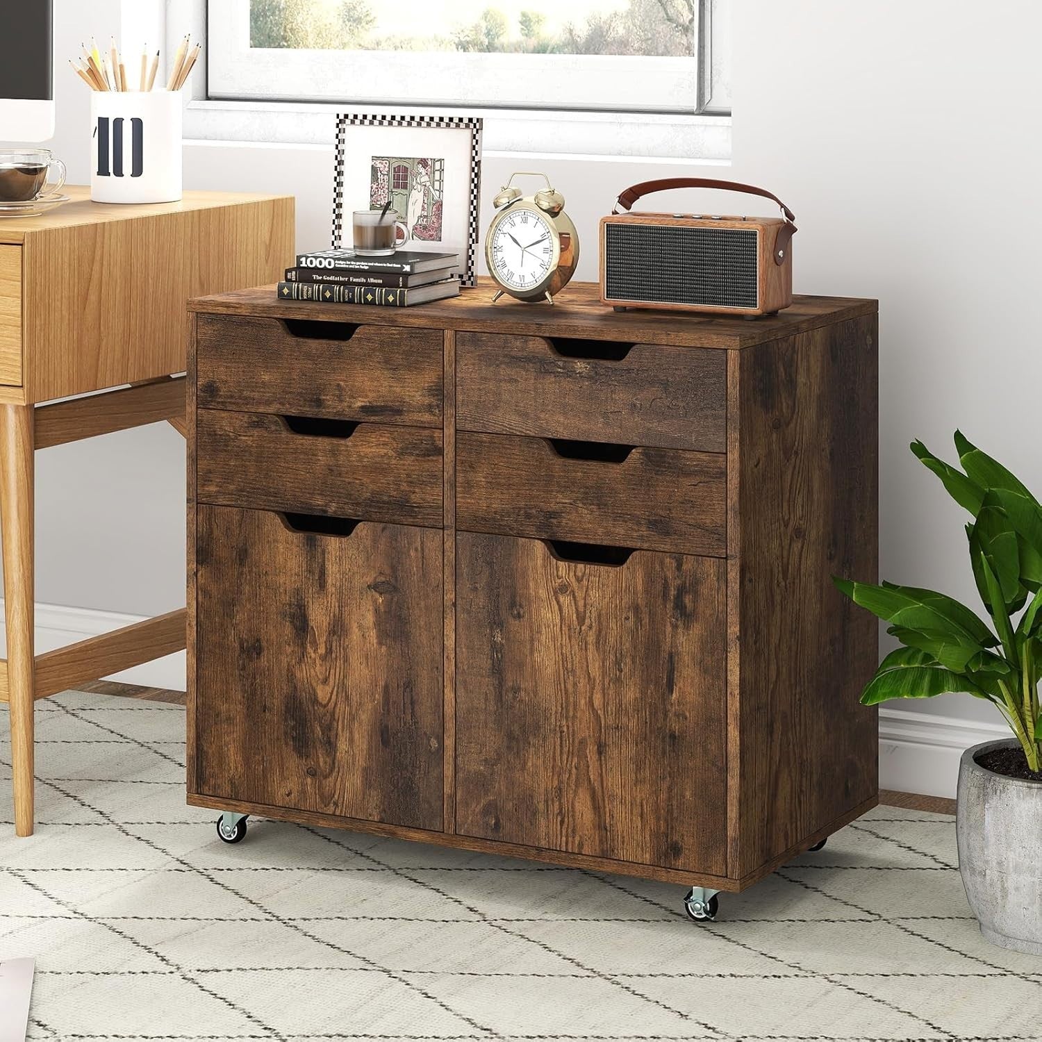 Rustic Brown Mobile File Cabinet 73x40x64cm 4 Drawer Printer Stand