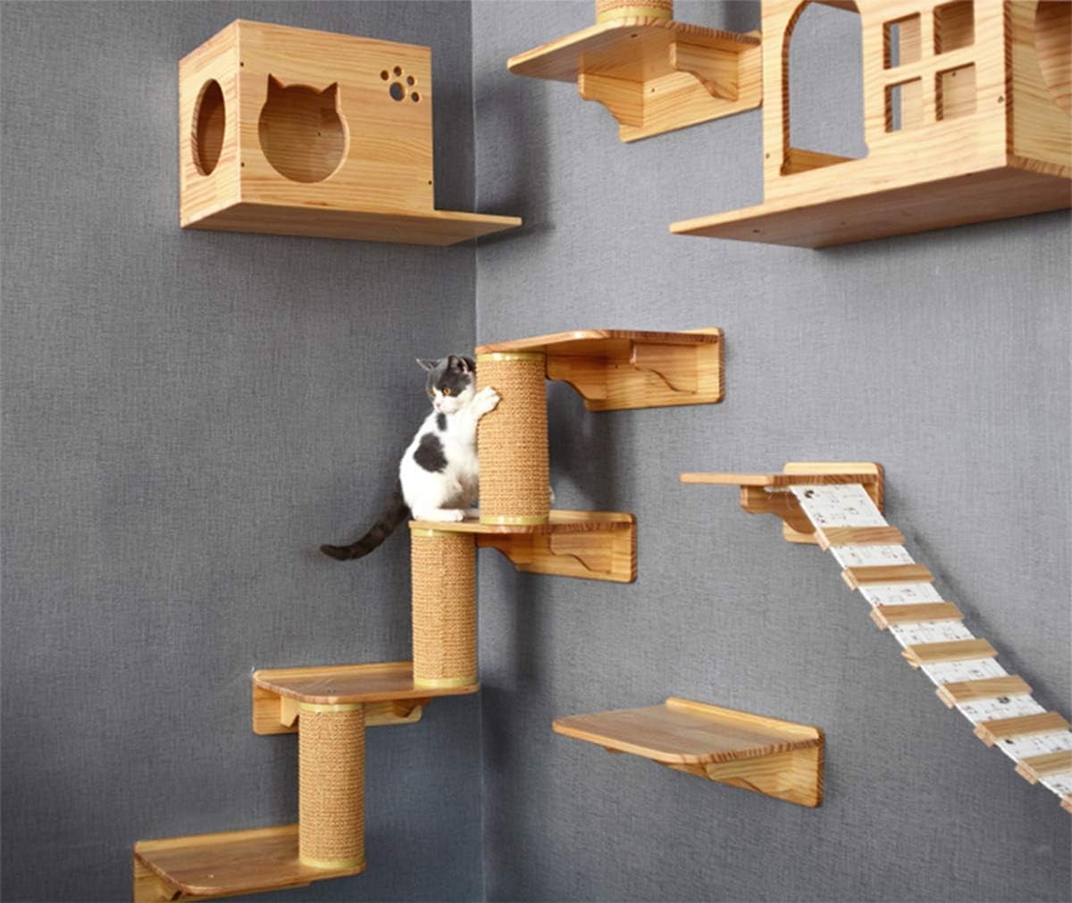 Wall Mounted Cat Climbing Ladder Shelves Wooden Perch Platform Natural Wood