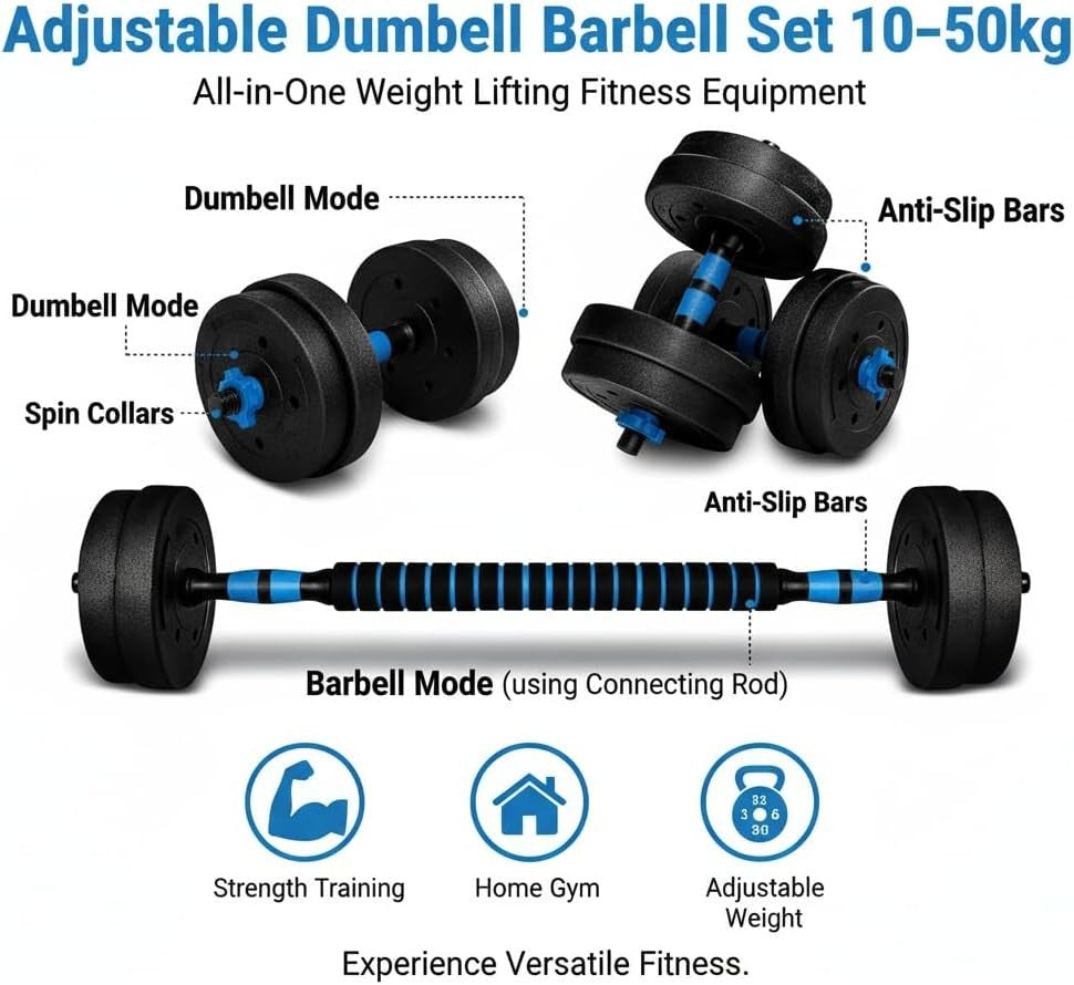 Adjustable Dumbbell Barbell Set 10–50kg Home Gym Weight Lifting