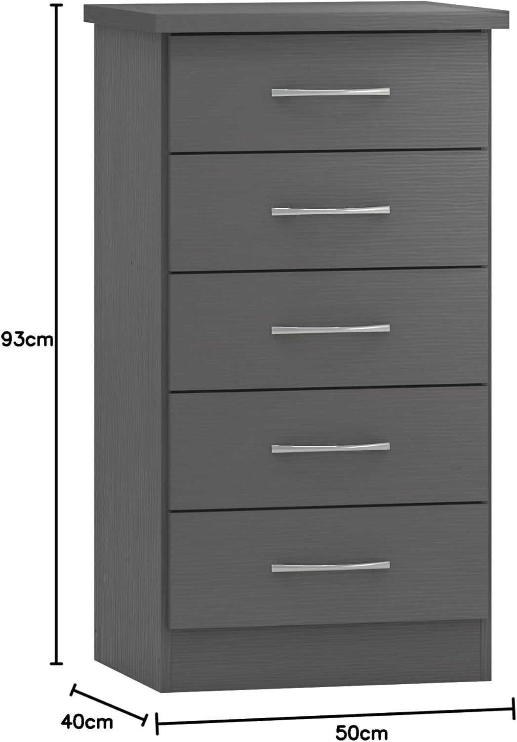 Narrow 5 Drawer Chest Grey Storage Unit - Compact, Modern & Wall-Mountable