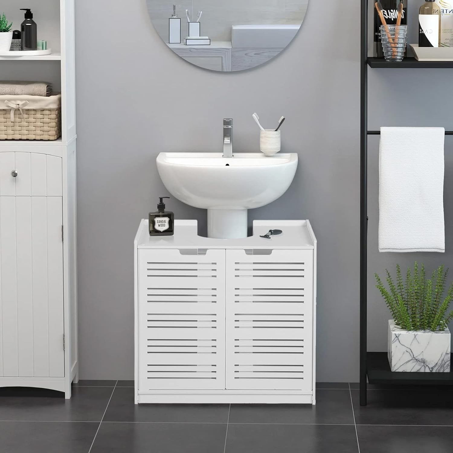 White Under Sink Bathroom Cabinet – Double Door Storage Cupboard 60cm Modern Van