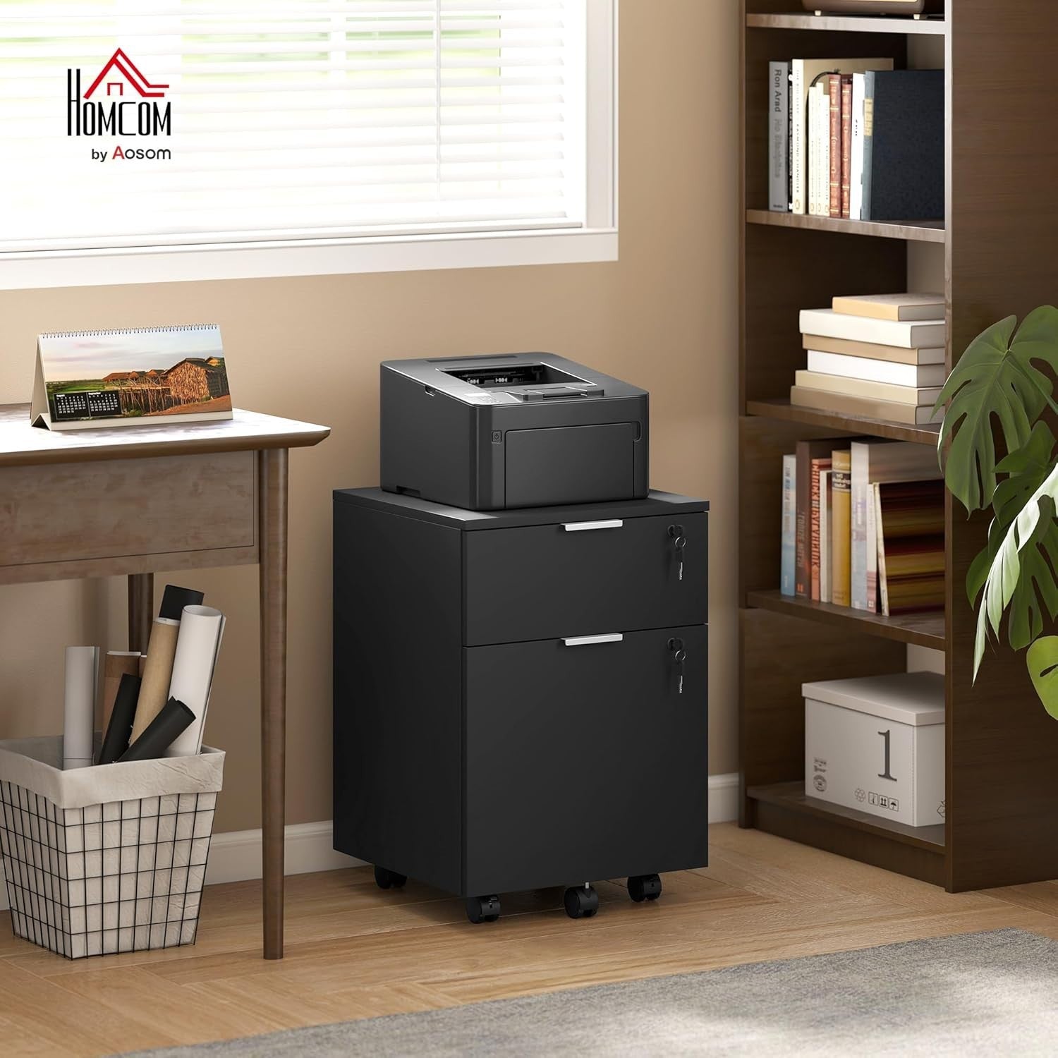 Black Mobile File Cabinet 2 Drawer Lockable Under Desk A4 Letter