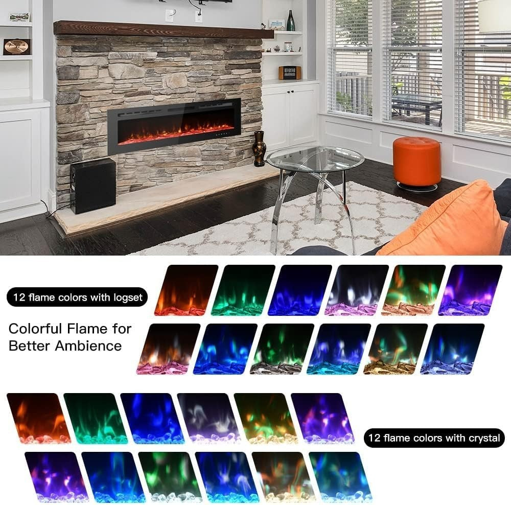 50in Wall Mounted Electric Fireplace Heater 12 LED Flame Remote Heat