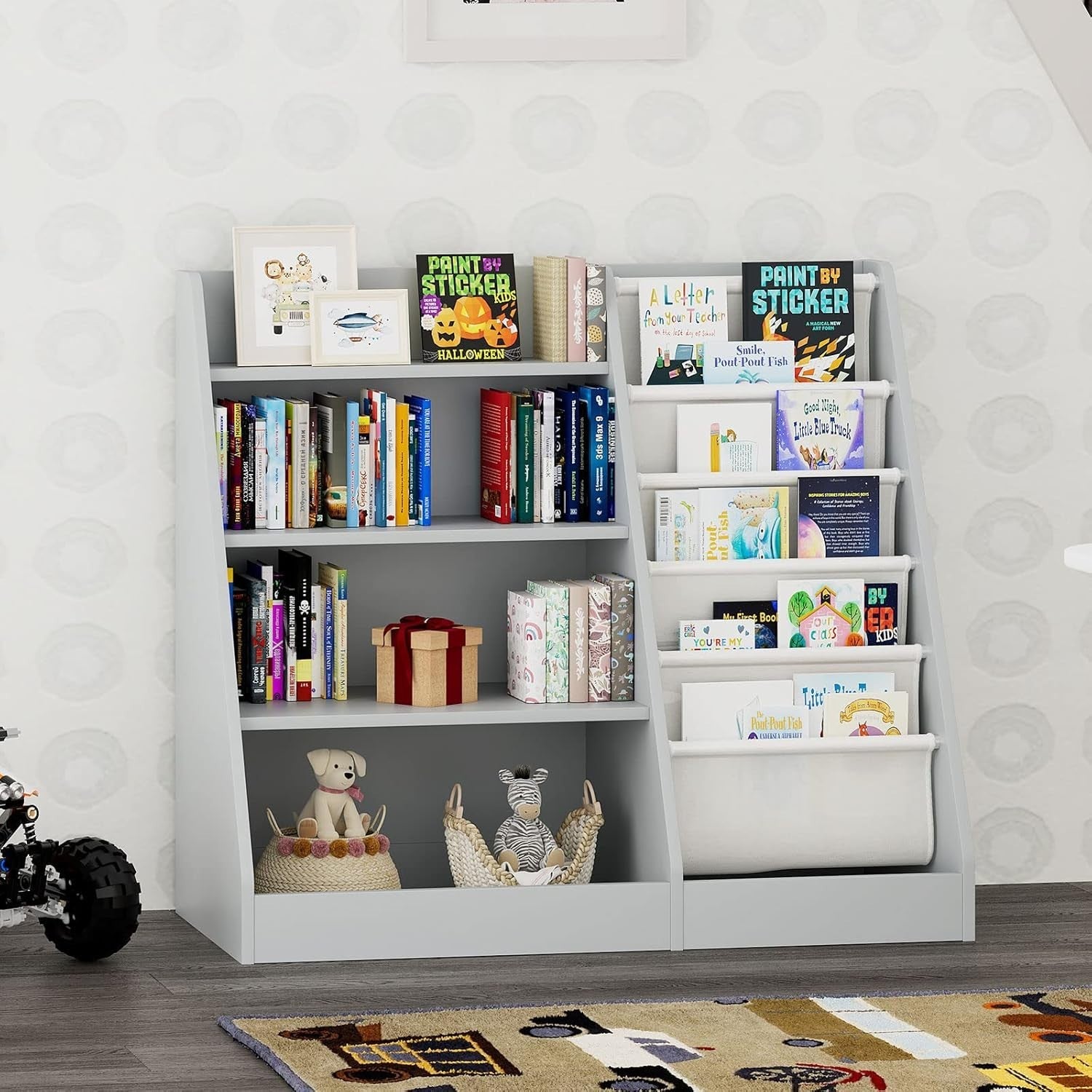 Kids Bookshelf 5 Tier Wooden Book Rack Toy Storage Organizer Grey