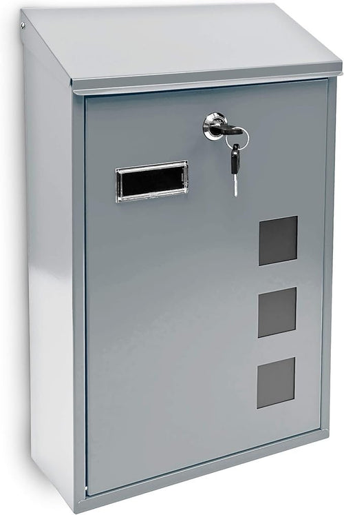 Lockable Silver Mailbox – Wall Mount, 3 Windows, Weatherproof 25x40cm
